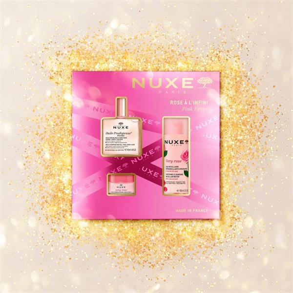 Nuxe Pink Fever zestaw suchy olejek regenerujący 50ml + łagodząca woda micelarna 3w1 100ml + różany balsam do ust 15g