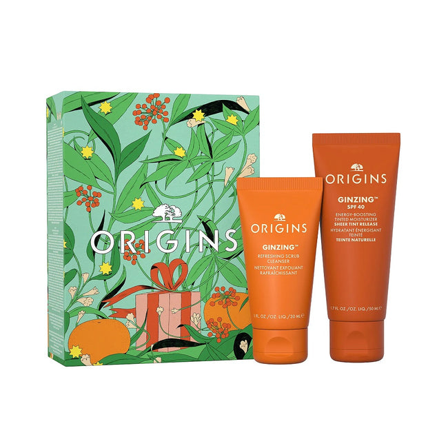 Origins Ginzing Protect And Glow zestaw wygładzający peeling do twarzy 30ml + energetyzujący krem nawilżający z filtrem SPF40 50ml