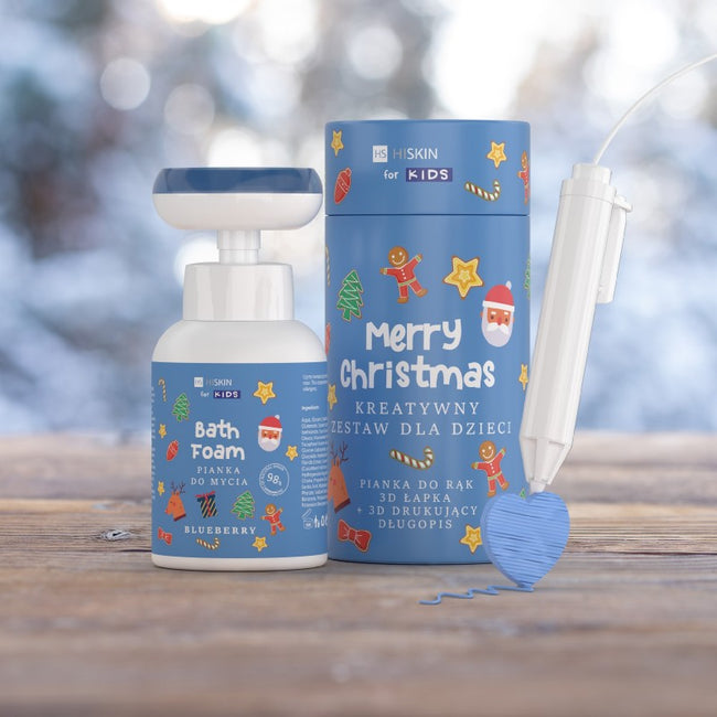 HiSkin Kids Merry Christmas kreatywny zestaw dla dzieci niebieska pianka do mycia Jagodowa 300ml + długopis 3D 1szt