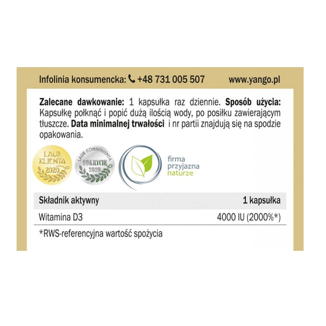Yango Witamina D3 4000 IU suplement diety 90 kapsułek