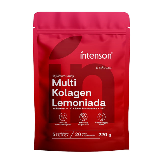 Intenson Multi Kolagen Lemoniada + witamina C + kwas hialuronowy + OPC suplement diety Truskawka 220g