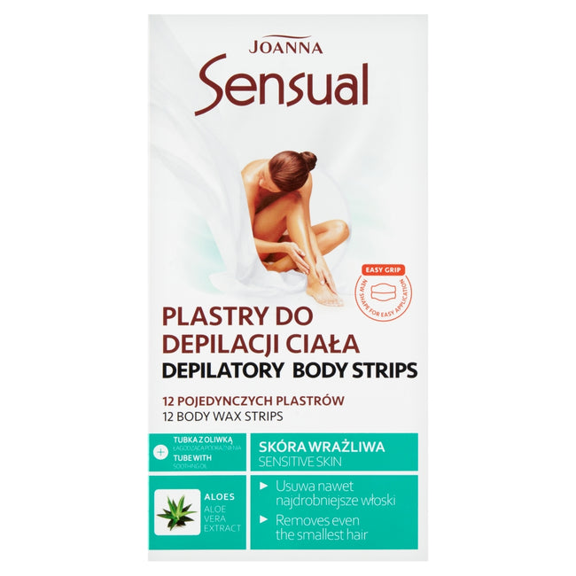 Joanna Sensual plastry do depilacji ciała Aloes 12szt + tubka z oliwką łagodzącą podrażnienia 10ml