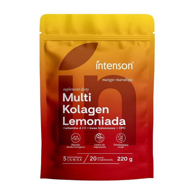Intenson Multi Kolagen Lemoniada + witamina C + kwas hialuronowy + OPC suplement diety Mango-Marakuja 220g