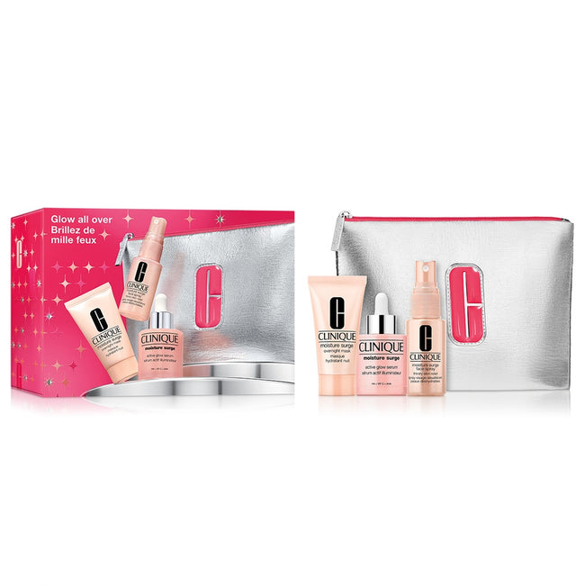 Clinique Glow All Over zestaw aktywne serum zapewniające blask 30ml + maseczka intensywnie nawilżająca 30ml + mgiełka do twarzy 30ml + kosmetyczka
