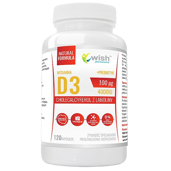 WISH Pharmaceutical Witamina D3 100μg 4000IU + Prebiotyk suplement diety 120 kapsułek