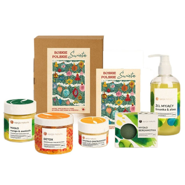 Opcja Natura Boskie Polskie Święta zestaw masło do ciała Mango i Awokado 120g + mazidło opatrunkowe na otarcia i oparzenia 50ml + peeling do ciała Detox 200ml + żel myjący Limonka i Aloes 250ml + mydło Bergamotka 100g