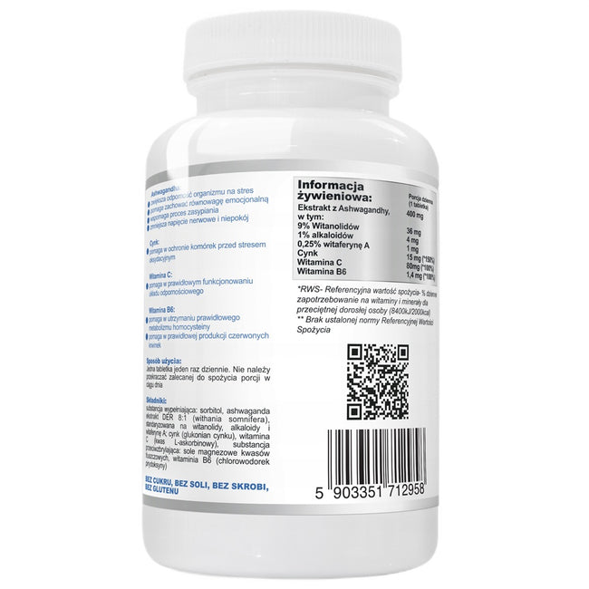 WISH Pharmaceutical Ashwagandha + Cynk + Witamina C + Witamina B6 suplement diety 120 tabletek