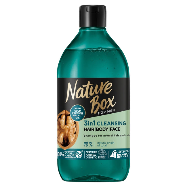 Nature Box For Men Walnut Oil 3in1 oczyszczający szampon z formułą 3w1 do włosów twarzy i ciała 385ml