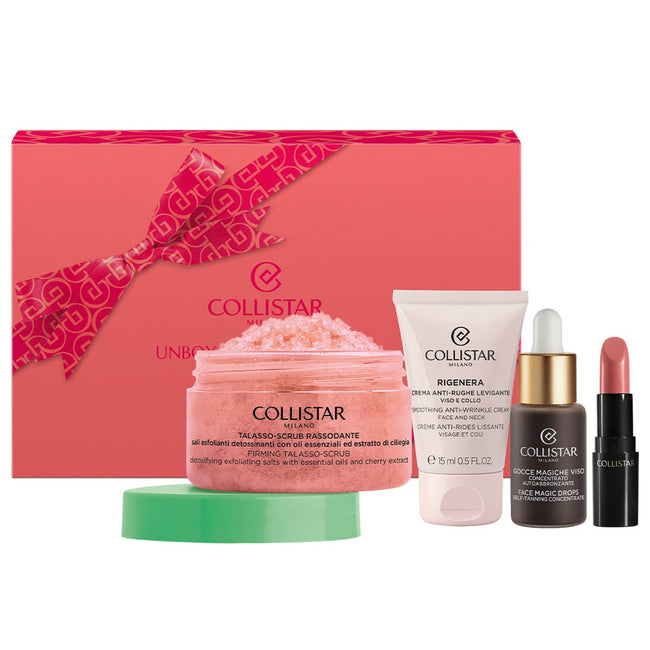 Collistar Unbox Your Uniqueness zestaw pomadka do ust 102 1.2ml + krople samoopalające do twarzy 10ml + przeciwzmarszczkowy krem wygładzający 15ml + ujędrniający peeling do ciała 70g
