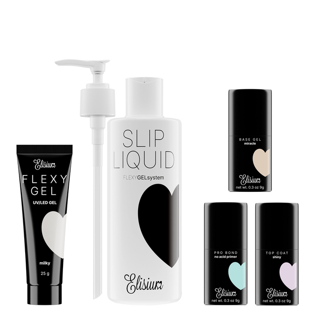 Elisium FexyGel zestaw startowy do hybryd Pro Bond + Miracle Base Gel + FlexyGel Milky & Slip Liquid + Top Coat Shiny