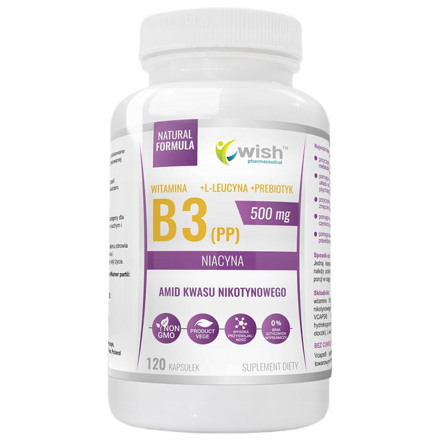 WISH Pharmaceutical Witamina B3 (PP) 500mg + L-leucyna + Prebiotyk suplement diety 120 kapsułek