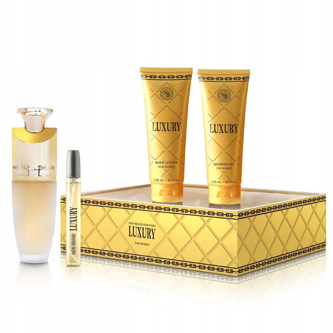 New Brand Luxury For Women zestaw woda perfumowana spray 100ml + balsam do ciała 130ml + żel pod prysznic 130ml + woda perfumowana spray 15ml