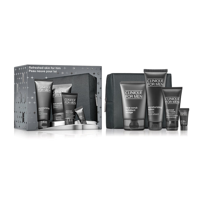 Clinique Clinique For Men Refreshed Skin for Him zestaw peeling do twarzy 100ml + balsam nawilżający 100ml + żel do mycia twarzy 50ml + krem pod oczy 7ml + kosmetyczka