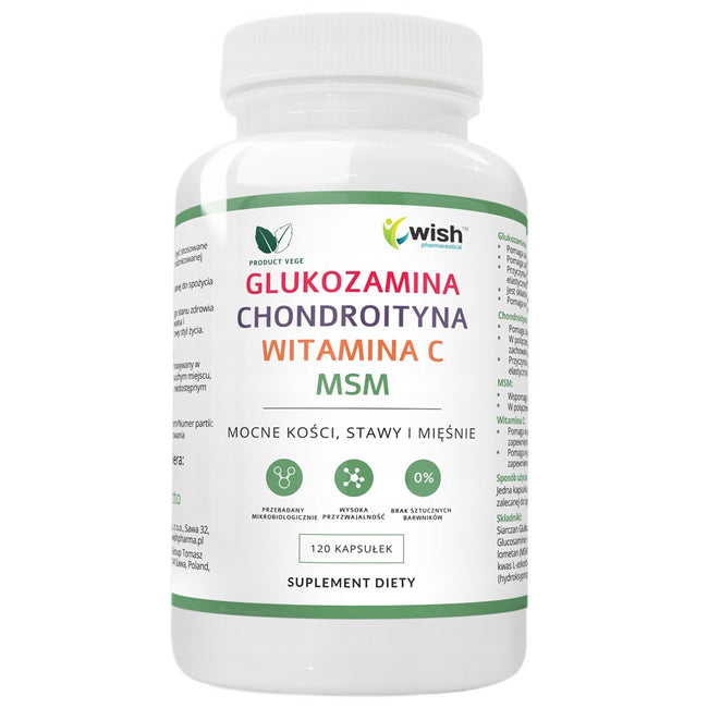 WISH Pharmaceutical Glukozamina Wegańska + Chondroityna + Witamina C + MSM suplement diety 120 kapsułek