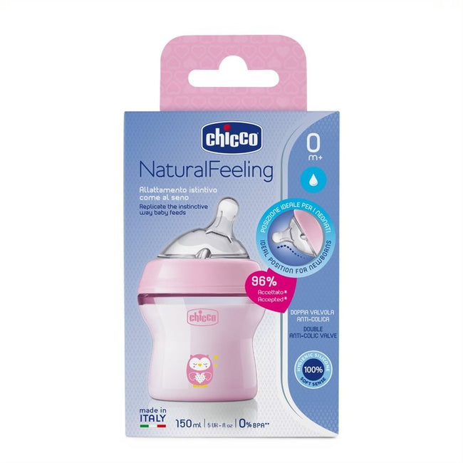 Chicco NaturalFeeling butelka plastikowa ze smoczkiem silikonowym przepływ wolny 0m+ Różowa 150ml