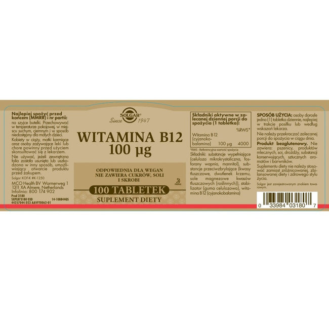 Solgar Witamina B12 suplement diety 100 tabletek