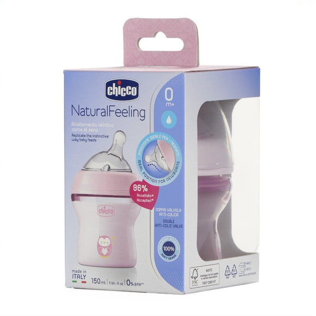 Chicco NaturalFeeling butelka plastikowa ze smoczkiem silikonowym przepływ wolny 0m+ Różowa 150ml