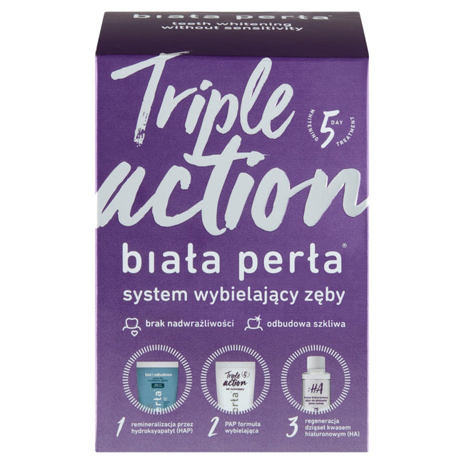 Biała Perła Zestaw Triple Action do wybielania zębów w domu wybielająca pasta do zębów 30ml + wybielający żel 50ml + płyn do płukania 100ml + nakładki do formowania x3