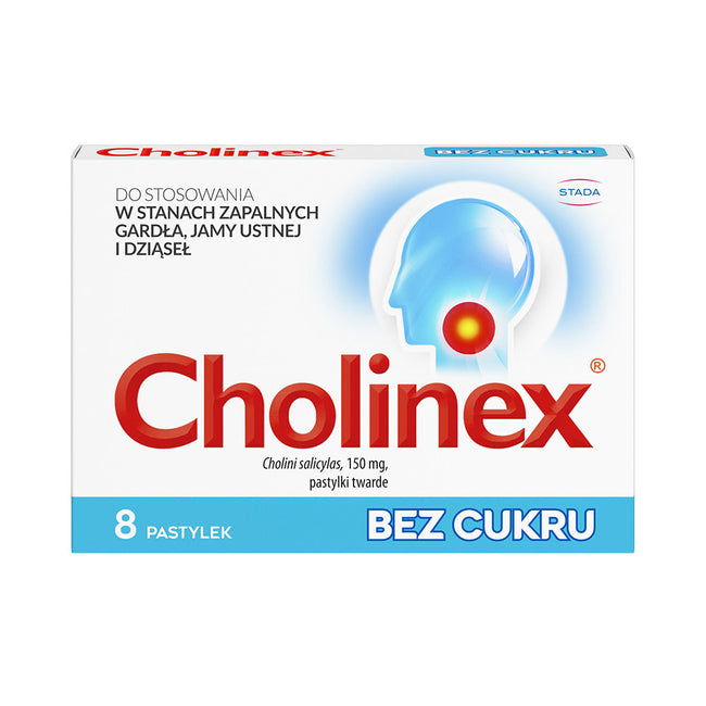 Cholinex Pastylki bez cukru do stosowania w stanach zapalnych gardła jamy ustnej i dziąseł 8szt.