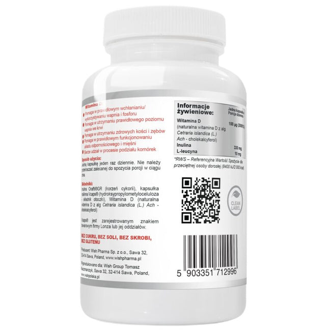 WISH Pharmaceutical Naturalna Witamina D3 100μg 4000IU + Prebiotyk suplement diety 120 kapsułek