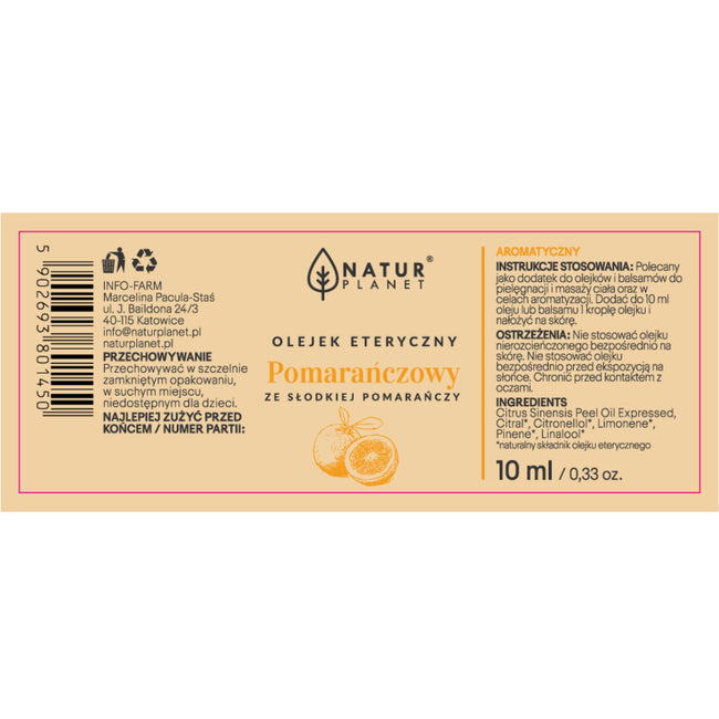 Natur Planet Olejek eteryczny pomarańczowy ze słodkiej pomarańczy 10ml