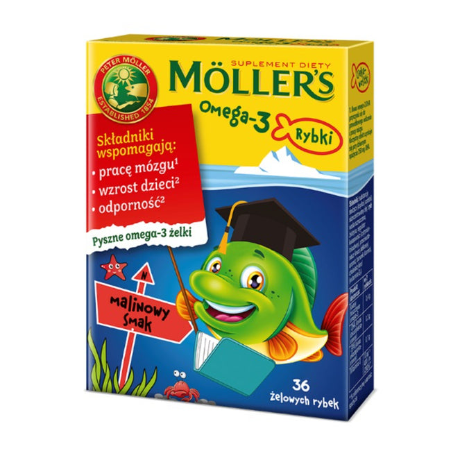 Möller's Omega-3 Rybki żelki z kwasami omega-3 i witaminą D3 dla dzieci Malinowe 36szt.