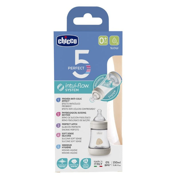 Chicco Perfect5 butelka antykolkowa ze smoczkiem silikonowym przepływ wolny 0m+ Neutrala 150ml