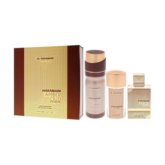 Al Haramain Amber Oud Gold Edition Extreme zestaw ekstrakt perfum spray 75ml + ekstrakt perfum spray 30ml + dezodorant spray 200ml