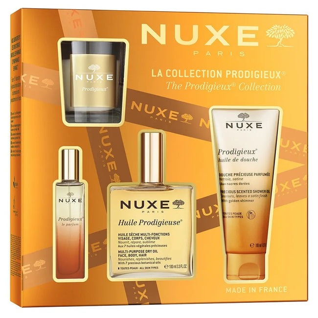 Nuxe The Prodigieux Collection zestaw suchy olejek regenerujący 100ml + perfumy 15ml + olejek pod prysznic 100ml + świeca zapachowa 60g