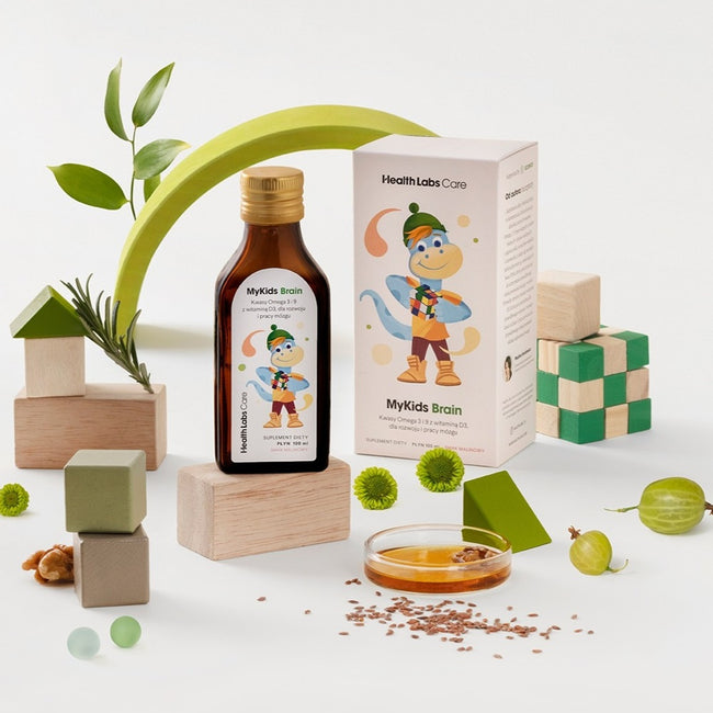 HealthLabs MyKids Brain kwasy Omega 3 i 9 z witaminą D3 dla rozwoju i pracy mózgu dziecka suplement diety Malinowy 100ml