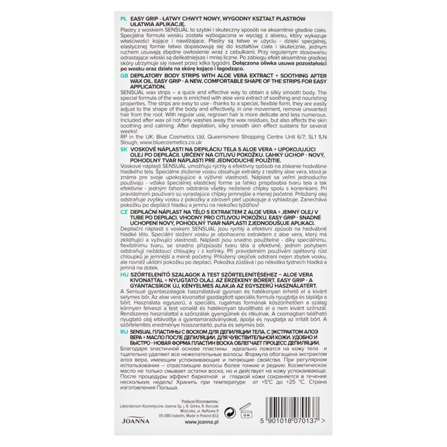 Joanna Sensual plastry do depilacji ciała Aloes 12szt + tubka z oliwką łagodzącą podrażnienia 10ml