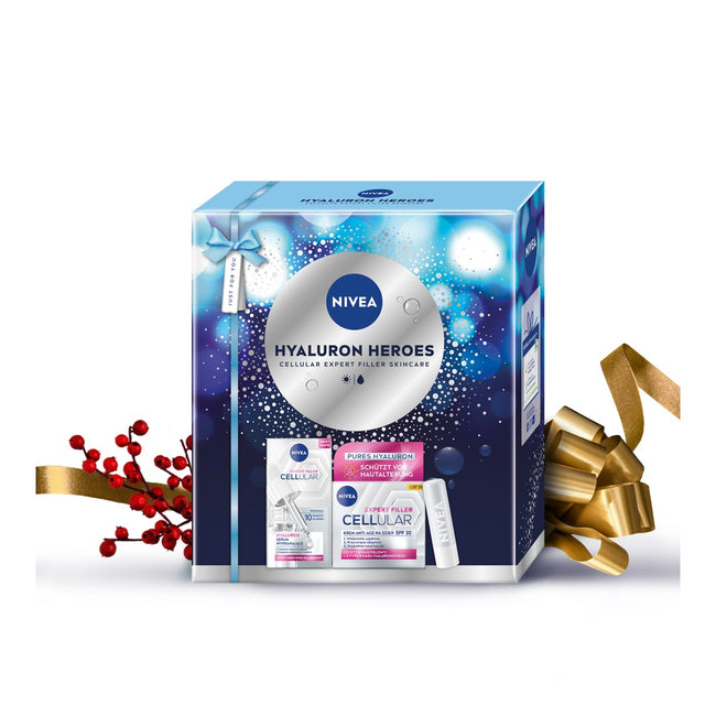 Nivea Hyaluron Heroes zestaw serum wypełniające 15ml + krem anti-age na dzień SPF30 50ml + nawilżający balsam do ust 4.8g