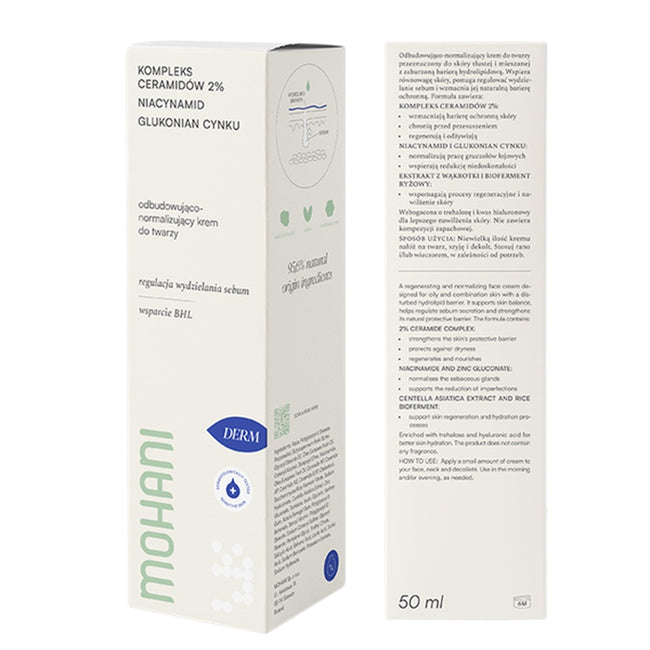 Mohani Derm odbudowująco-normalizujący krem do twarzy z kompleksem ceramidów 2% niacynamidem i glukonianem cynku 50ml
