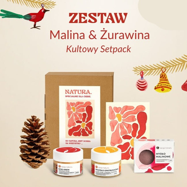 Opcja Natura Natura zestaw mydło malinowe 100g + dziki krem żurawinowy do rąk 50ml + mazidło opatrunkowe do skóry suchej i popękanej z nagietkiem 50ml
