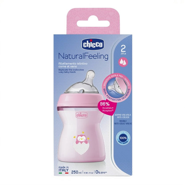 Chicco NaturalFeeling butelka plastikowa ze smoczkiem silikonowym przepływ średni 2m+ Różowa 250ml