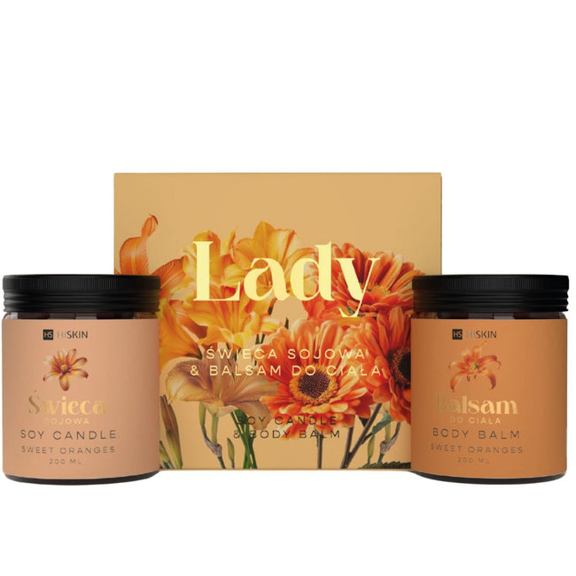 HiSkin Lady Sweet Oranges zestaw świeczka sojowa 200ml + balsam do ciała 200ml
