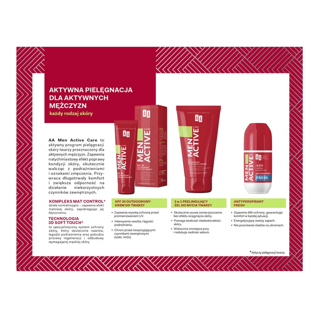 AA Men Active Care zestaw outdoorowy krem do twarzy 50ml + peelingujący żel do mycia twarzy 150ml + antyperspirant roll-on 50ml