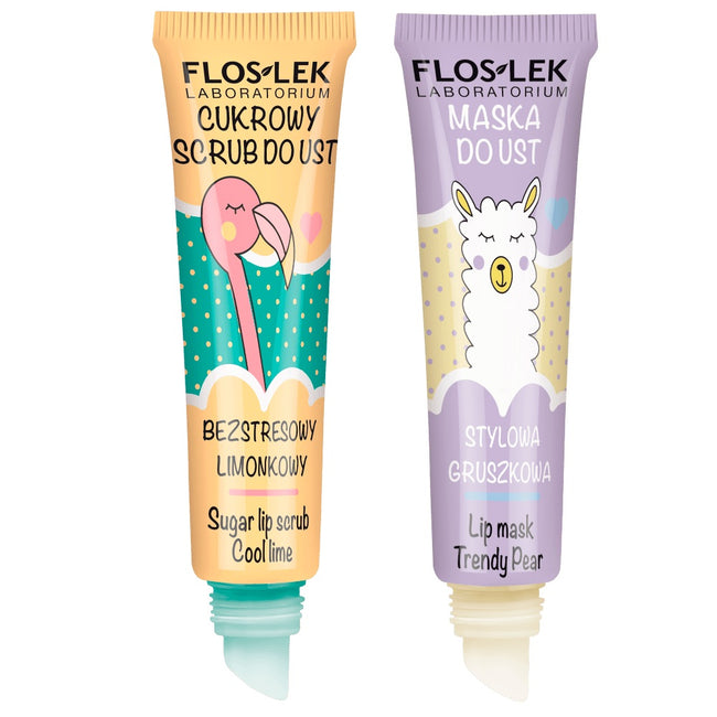 Floslek Vege Lip Care zestaw odżywienie ust w 2 krokach cukrowy scrub bezstresowy limonkowy + maska do ust stylowa gruszkowa 2x14g