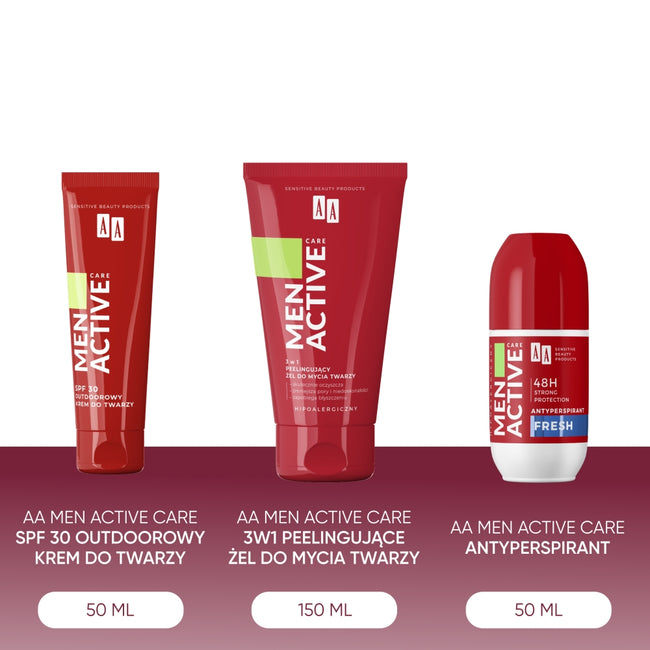 AA Men Active Care zestaw outdoorowy krem do twarzy 50ml + peelingujący żel do mycia twarzy 150ml + antyperspirant roll-on 50ml