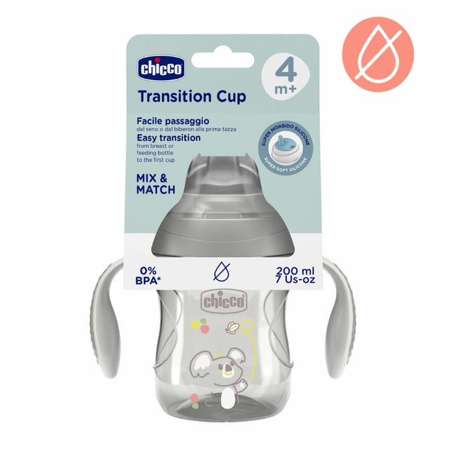 Chicco Transition Cup pierwszy kubek treningowy z miękkim ustnikiem 4m+ Szary 200ml