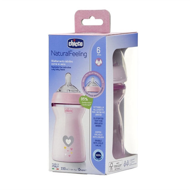 Chicco NaturalFeeling butelka plastikowa ze smoczkiem silikonowym przepływ szybki 6m+ Różowa 330ml