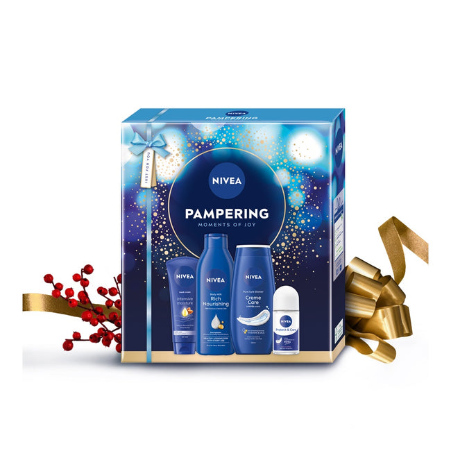 Nivea Pampering zestaw pielęgnujący żel pod prysznic 250ml + odżywcze mleczko do ciała 250ml + intensywnie nawilżający krem do rąk 100ml + antyperspirant w kulce 50ml
