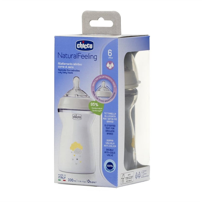 Chicco NaturalFeeling butelka plastikowa ze smoczkiem silikonowym przepływ szybki 6m+ 330ml