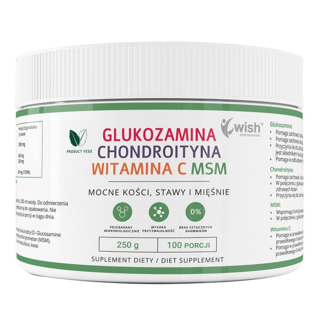 WISH Pharmaceutical Glukozamina Wegańska + Chondroityna + Witamina C + MSM suplement diety w proszku 250g
