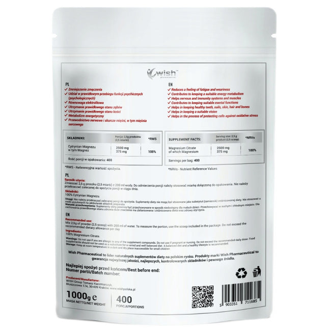 WISH Pharmaceutical Magnez cytrynian magnezu suplement diety w proszku 1000g