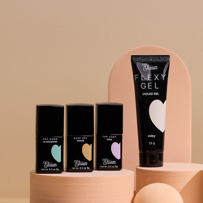 Elisium FexyGel zestaw startowy do hybryd Pro Bond + Miracle Base Gel + FlexyGel Milky & Slip Liquid + Top Coat Shiny