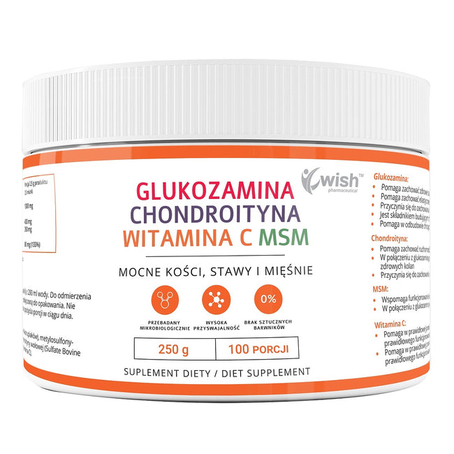 WISH Pharmaceutical Glukozamina + Chondroityna + Witamina C + MSM suplement diety w proszku 250g