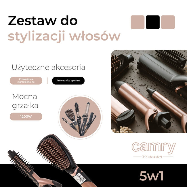 Camry Hair Styler zestaw do stylizacji włosów 5in1 1200W płytka falująca 3D + lokówka 32mm + lokówka 19mm + szczotka prostująca + płytki karbujące Zig-Zag