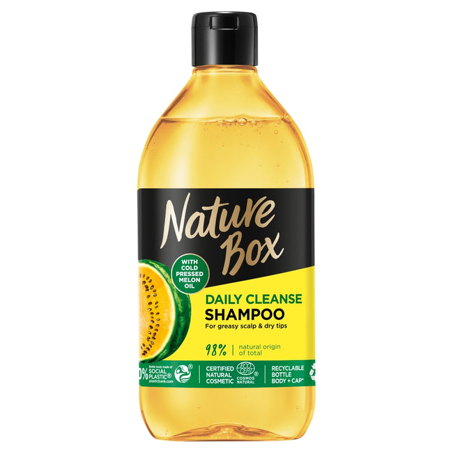 Nature Box Melon Oil szampon do włosów oczyszczający do przetłuszczającej się skóry głowy i wysuszonych końcówek z olejem z pestek z żółtego arbuza 385ml