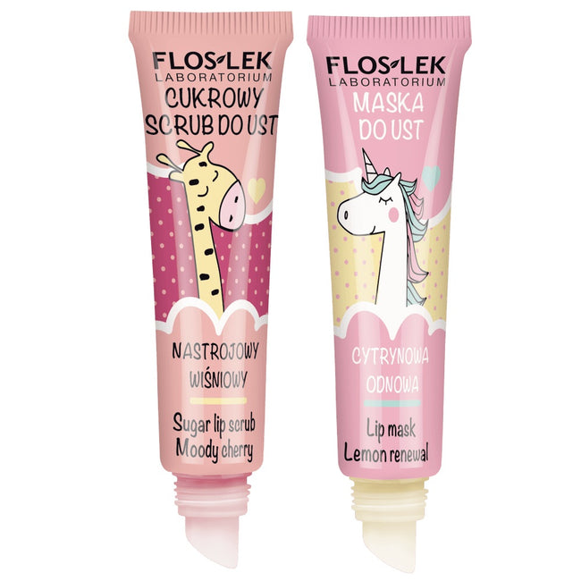 Floslek Vege Lip Care zestaw odnowa ust w 2 krokach cukrowy scrub nastrojowy wiśniowy + maska do ust cytrynowa odnowa 2x14g
